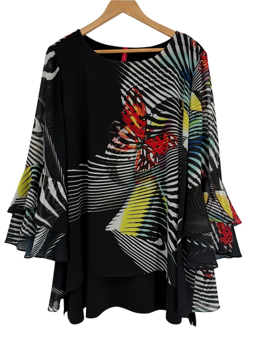 IC by Connie K Size 3X Wearable Art to Wear Blouse Butterfly Black Boho Ruffle